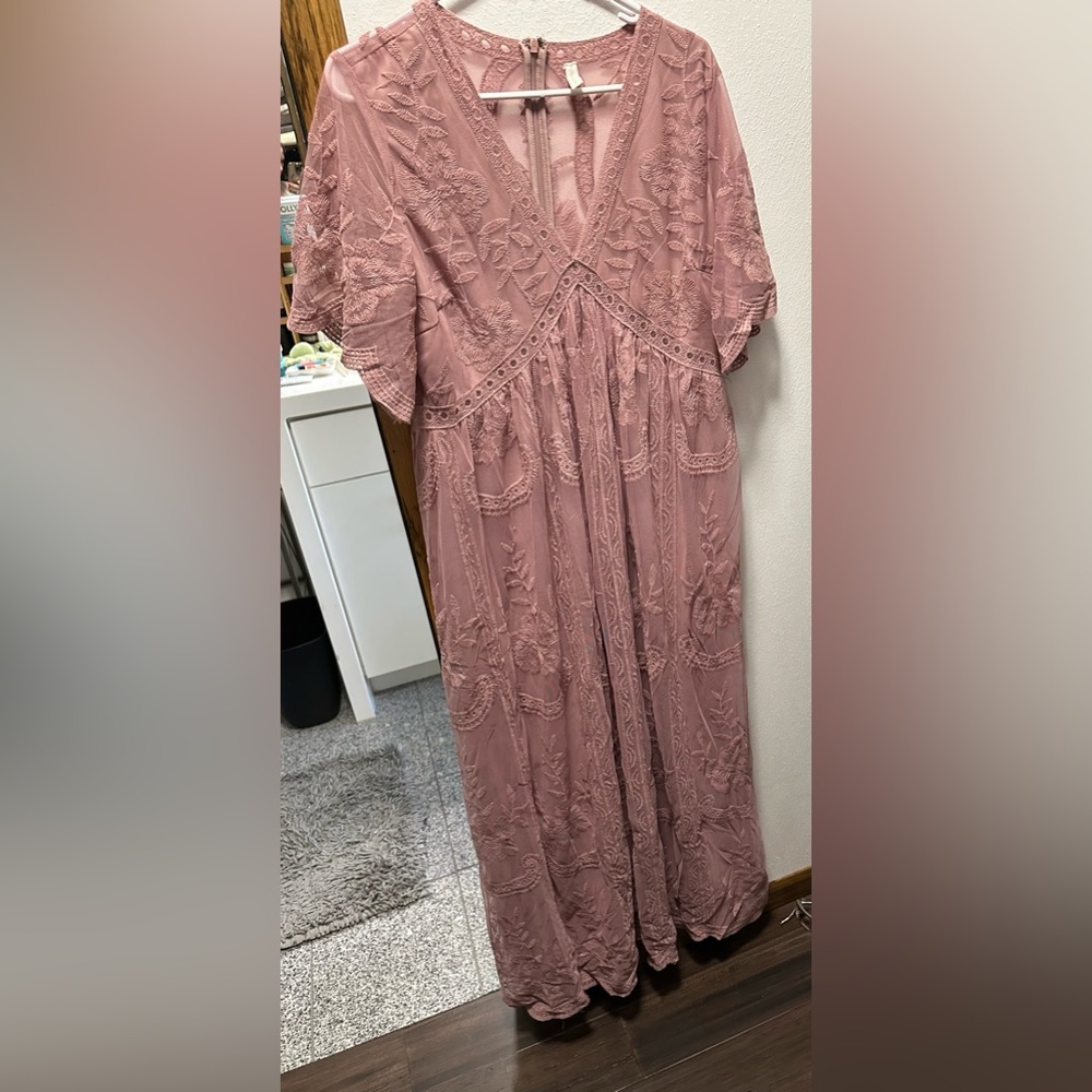 PinkBlush Mauve Lace Mesh Overlay Maternity Maxi Dress